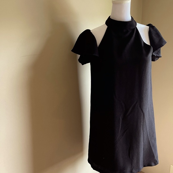 High Neck Black Dress with Off the Shoulder Sleeve S/M - Picture 1 of 8